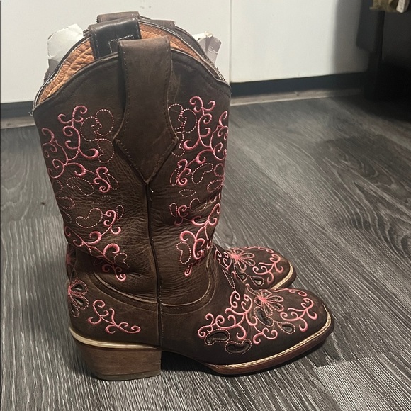 Brown and Pink Embroidered Cowboy Boots - Picture 4 of 5